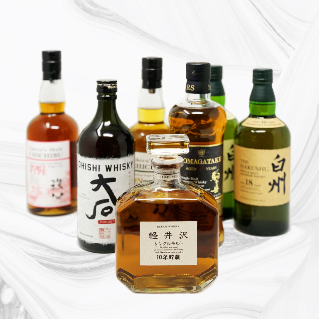 Selection of Various Rare and Unique Japanese Whisky Bottles Available At Huntress